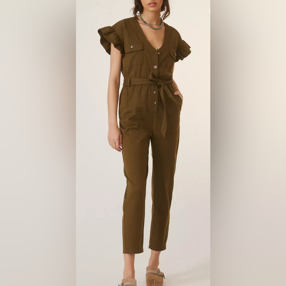 Anthropologie Utility Tapered Ruffle Jumpsuit Belted Olive Green Moss SMALL $160